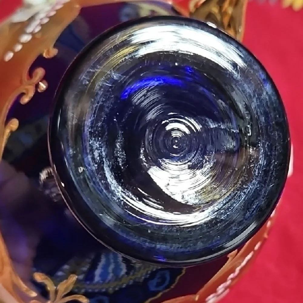 Vintage Bohemian Cobalt Blue Glass Tea Cup & Saucer Set 24K Gold High Enamel